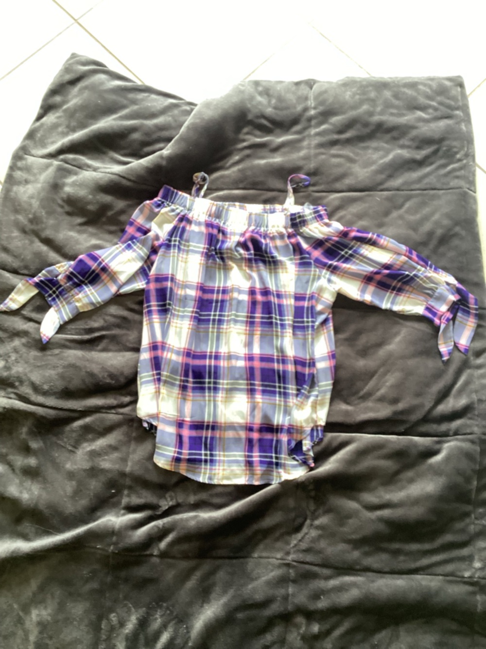 love Fire Purple Plaid Off-Shoulder Top with Pink Accents